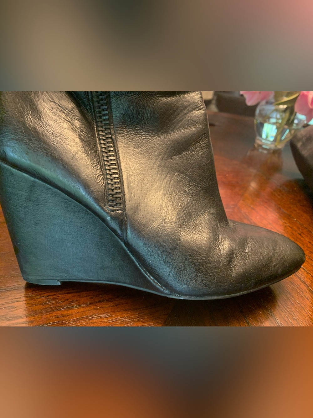 Black Leather Knee-High Wedge Boots - Women - Picture 8 of 8